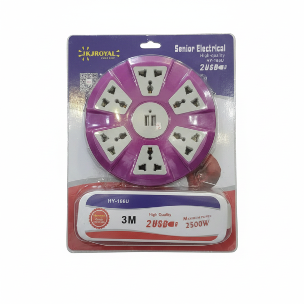 JKJ Royal 8-Way Circular Power Extension with 2 USB Ports (HY-166U)